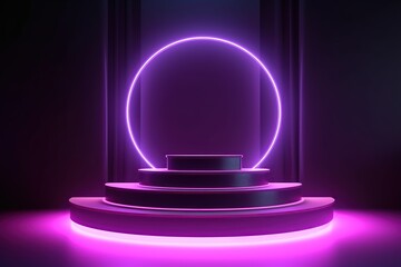 Podium with purple neon lights. Ai