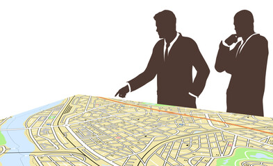 Poster - Editable vector illustration of two men standing by a generic city map