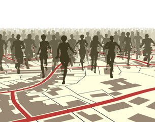 Poster - Editable vector illustration of a crowd of people running over a generic street map