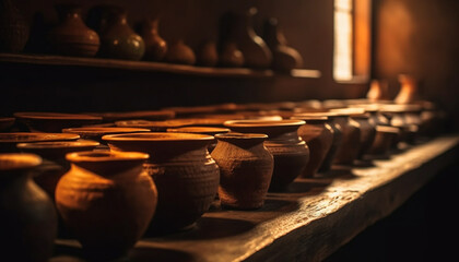 Sticker - Earthenware pottery in a row on wooden shelf generated by AI