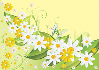 Sticker - Yellow and white camomiles on green also it is light a yellow background with butterflies