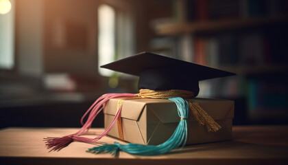 Sticker - Stack of books and diploma on table generated by AI