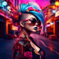 modern japanese geisha with flowers, crazy female cyborg portrait with metallic cybernetic ornaments and sunglasses, fictional person created with generative ai 