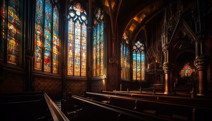 Canvas Print - Majestic Gothic chapel with stained glass windows generated by AI