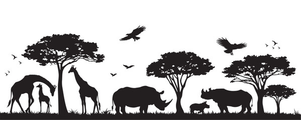 silhouette of animals and birds in the savannah. african landscape scene. vector horizontal seamless