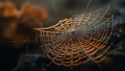 Canvas Print - Spider spins dewy web, nature spooky trap generated by AI