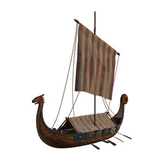 Poster - Viking wooden long boat with a dragon head carving on the bow. Isolated 3D illustration.