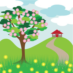 Sticker - pink blossom tree hill and house with clouds and grass