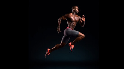 Sport competition.Sport man running on black color background. Sportwear advert concept.Image generative AI.