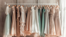 Wedding And Party Dresses For Women. Dresses Hanging On A Rack In A Clothing Store. Light And Subdued Colors. Beautiful And Delicate Haute Couture Clothing. Sale Of Women's Clothing. Generative Ai.