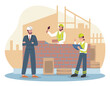 Builders with bricks. Men in protective uniforms build house and building. Engineer with workers with tools. Urban architecture and skyscraper. Cartoon flat vector illustration