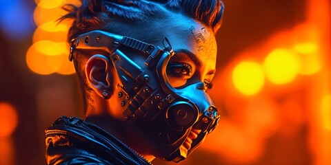 futuristic punk woman in the dark night with gas mask, fictional person created with generative ai