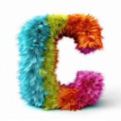 Furry letter in rainbow pride colors made of fur and feathers. Capital C