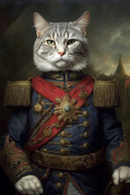 Simulation Of A Classic Oil Painting Of A Cat In Military Clothing