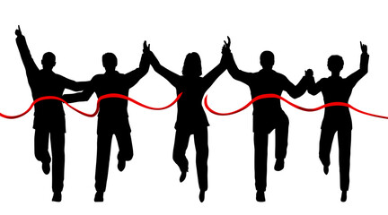 Fototapete - Silhouettes of a business team crossing a finishing line with each person as a separate object