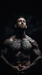 Sticker - A man with tattoos on his chest and chest. Generative AI image.