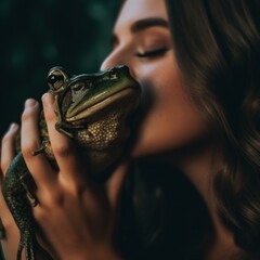 Canvas Print - A woman kissing a frog in front of her face. Generative AI image.