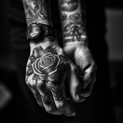 Canvas Print - A person holding a rose tattoo on their hand. Generative AI image.