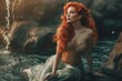 A woman with red hair sitting on a rock in the water. Generative AI image.