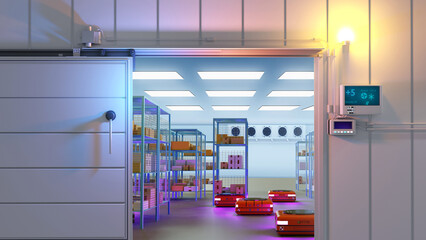 Poster - Refrigerator system. Autonomous mobile robot. Storage company interior. Refrigerator with boxes on racks. Autonomous carts for transporting shelves. Refrigerated equipment for storage. 3d image