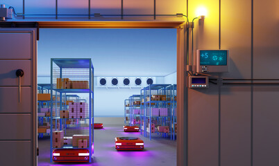 Aufkleber - Interior of refrigerator at plant. Frost camera for storing finished products. Autonomous carts move racks. Gate to plant refrigerator. Automation of production. Amr, agv, robots 3d image