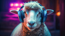 Illustration Of A Stylish Sheep Wearing Headphones. Ai Generated