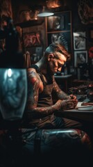 Canvas Print - A tattooed man sitting at a desk writing on a piece of paper. Generative AI image.