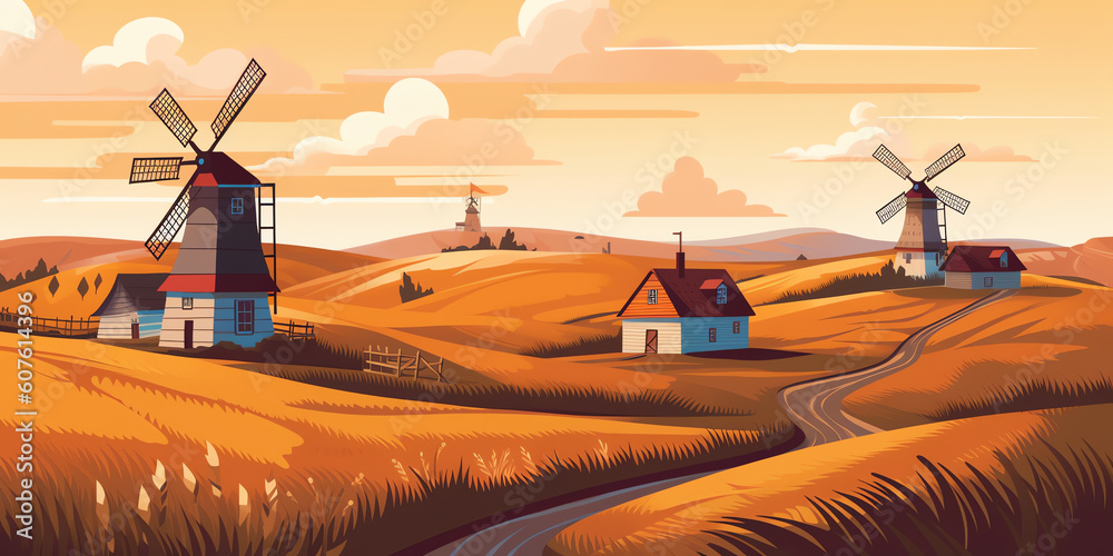 Generative AI Autumn landscape with trees, fields, houses and windmill ...