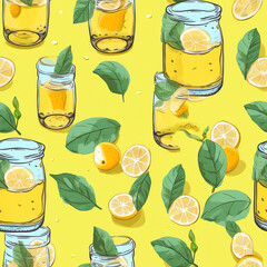 Aufkleber - Generative AI Vector illustration with lemons, mint leaves, lemonade jar and glass.