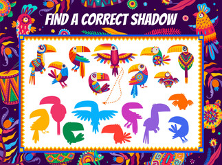 Poster - Find a correct shadow of mexican and brazilian toucans. Kids mind development game worksheet, matching quiz with tropical birds in alebrije style. Children logic activity, preschool educational task