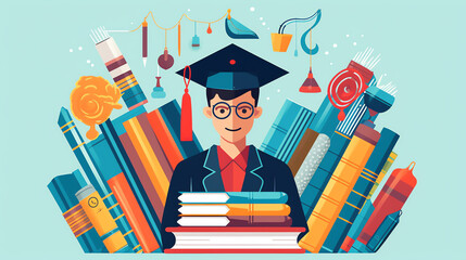Aufkleber - generative ai studying boy - vector illustration with young student with a computer, many books and 