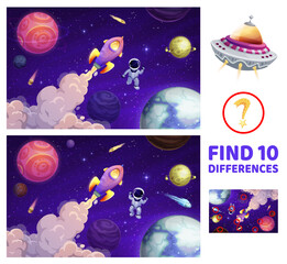 Poster - Kids game, find ten differences in space landscape with cartoon astronaut, rocket and galaxy planets. Vector worksheet of matching puzzle quiz, fantasy space, spaceship and ufo, spaceman and stars