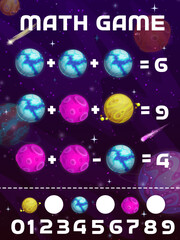 Wall Mural - Math game worksheet, cartoon space planets and stars, vector mathematics quiz puzzle. Kids calculation skills training worksheet or math game for numbers addition and subtraction in equations