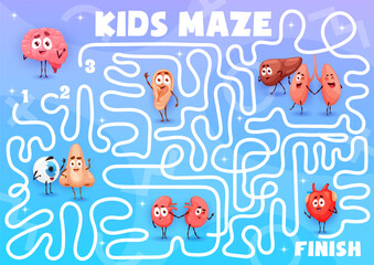 Poster - Labyrinth maze with cartoon human organ characters. Kids vector worksheet boardgame with ear, liver, heart and nose. Eyeball, brain, kidneys or lungs with brain, tangled path, start and finish, quiz