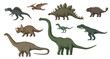 Pixel dinosaur characters. 8 bit game asset, pixel art dino animals. Brontosaurus, Tyrannosaurus, Velociraptor and Pteranodon, Diplodocus, Stegosaurus extinct reptile, vector pixelated dinosaurs