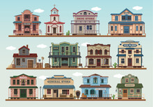 Western Wild West Town Cartoon Buildings. Vector Saloon, Church, Drug Store And Bank, Bar, Barber Shop And Gun Shop. Motel, General Store, Sheriff And Post Office Traditional Architecture Exterior