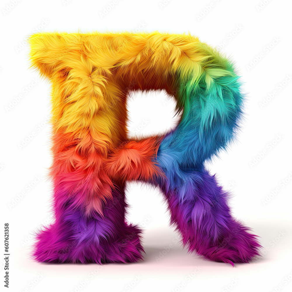 Furry letter in rainbow pride colors made of fur and feathers. Capital ...