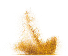 Explosion Metallic Gold Glitter Sparkle Bokeh Isolated White Background Decoration. Golden Glitter Powder Spark Blink Celebrate, Blur Foil Part Explode In Air, Fly Throw Gold Glitters Particle Shape