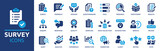 Fototapeta  - Survey icon set. Containing feedback, opinion, questionnaire, poll, research, data collection, review and satisfaction icons. Solid icon collection. Vector illustration.