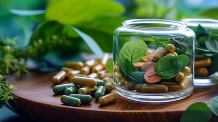 Alternative medicine herbal organic capsules with vitamins, minerals, and drugs with herbal leaves are natural supplements for a healthy. Generative ai