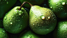 Close Up Of Clean Green Pears With Water Drop In Dark Black Background. Fresh Fruit And Vegetable Concept. Nutrition And Vitamin Theme. Generative AI