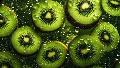 Wall Mural - Close up of clean green Kiwi with water drop in dark black background. Fresh fruit and Vegetable concept. Nutrition and vitamin theme. Generative AI