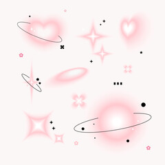 Pink glow blurred hearts, stars, sun, and flowers shapes on soft background. y2k Style. Vector illustration.