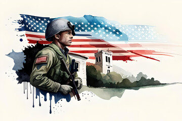 Wall Mural - on a white background, a watercolor drawing of an American soldier, American figures who signed the declaration of independence and eagles on the background of flag