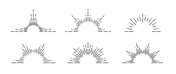 Poster - Half sunburst frame set. Sunrise and sunset symbols collection. Radial sunshine light rays pack. Retro sunbeam shapes. Design elements for logo, label, badge, poster, icon. Vector bundle