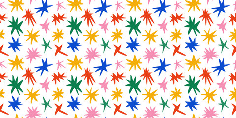 Poster - Hand drawn sparks seamless pattern. Colorful twinkles repeating background. Abstract doodle sparkle and stars wallpaper. Vector illustration