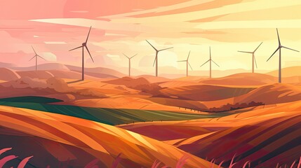 Colorful illustration of wind turbines at golden hour