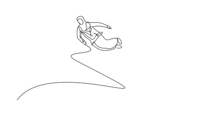 Poster - Animated self drawing of continuous line draw failed Arab businesswoman getting fired, flying through air after being kicked in the back. Minimalism metaphor concept. Full length one line animation
