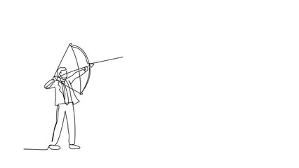 Poster - Animated self drawing of continuous line draw active businessman aiming bow against giant shoes stomping. Office worker archering against giant foot step. Full length one line animation illustration
