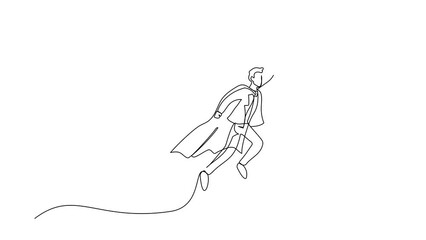 Poster - Animated self drawing of continuous line draw active businessman flying with heroes capes against giant shoes stomping. Office worker fly up against giant foot step. Full length one line animation